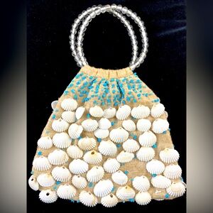 Vintage Seashells Hand Bag MOYNA 1970’s OOAK Glass Round Handle Turquoise Beads
